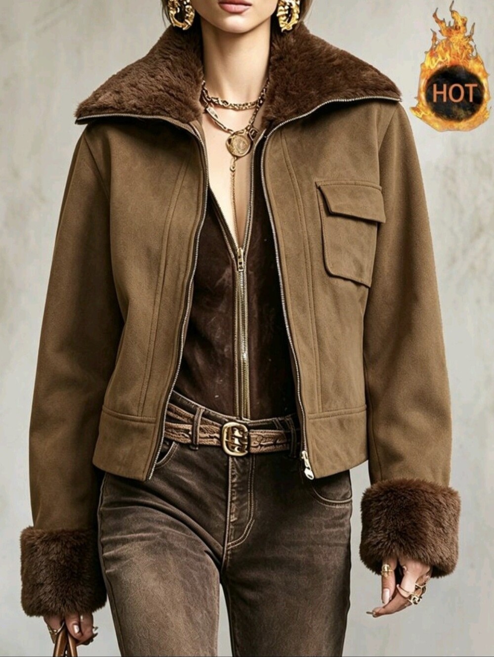 Vintage Suede Short Jacket For Women, Lapel Collar Thermal Patchwork Cuffs Therm